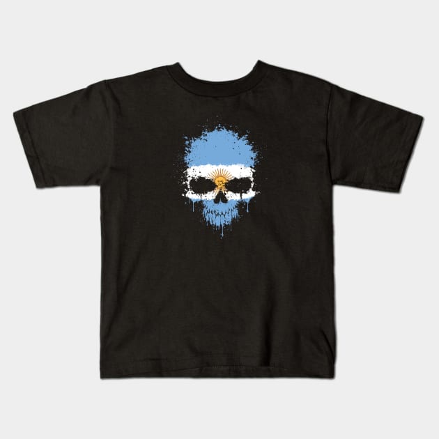 Chaotic Argentine Flag Splatter Skull Kids T-Shirt by jeffbartels